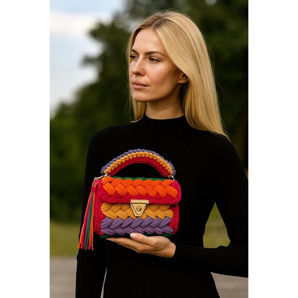 Women's Handmade Crochet Multi Evening Small Formal Flap Clutch Crossbody Bag - Picture 3 of 6